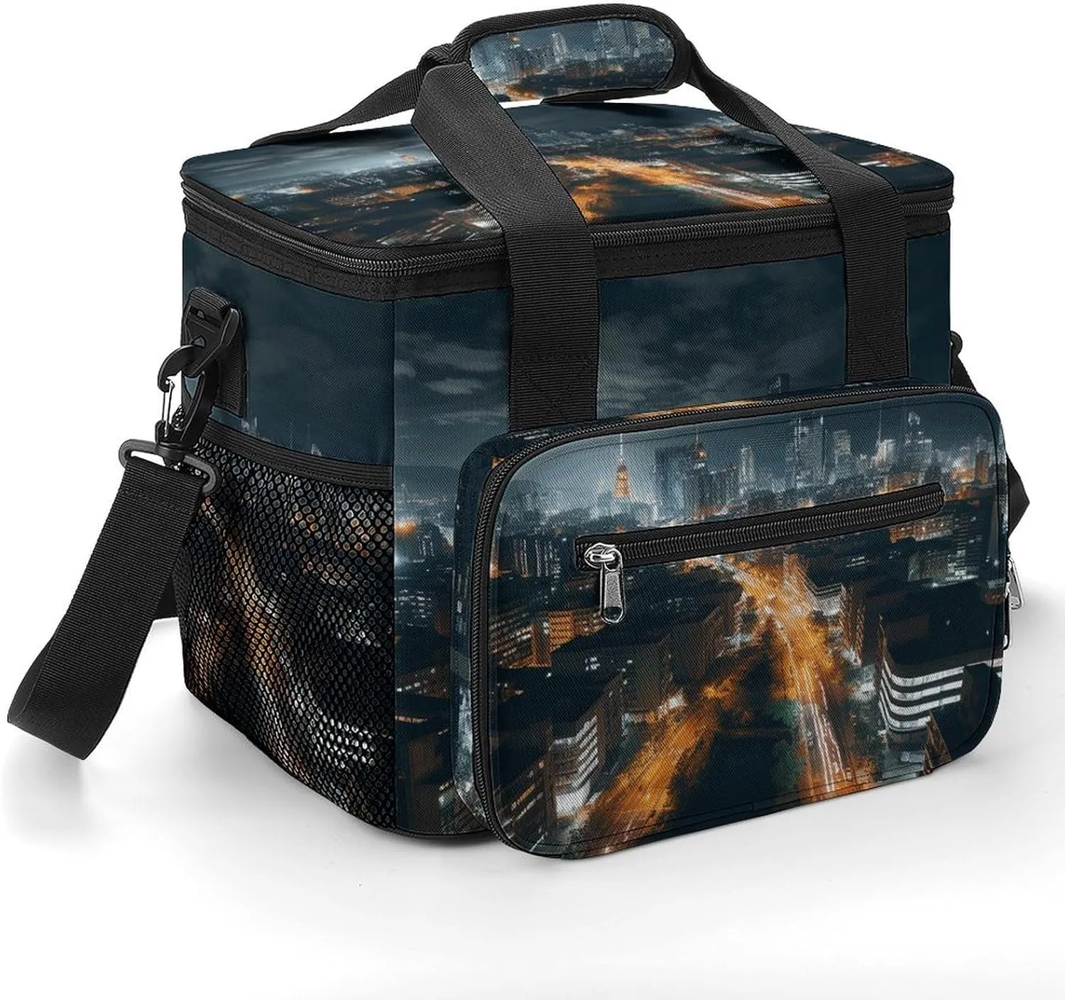 Insulated Camping Cooler Bag, City Night View Print Ice Pack with Leakproof Lining 22.5L Capacity Portable Thermal Bag for Camping,Picnic