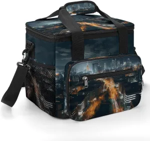 Insulated Camping Cooler Bag, City Night View Print Ice Pack with Leakproof Lining 22.5L Capacity Portable Thermal Bag for Camping,Picnic