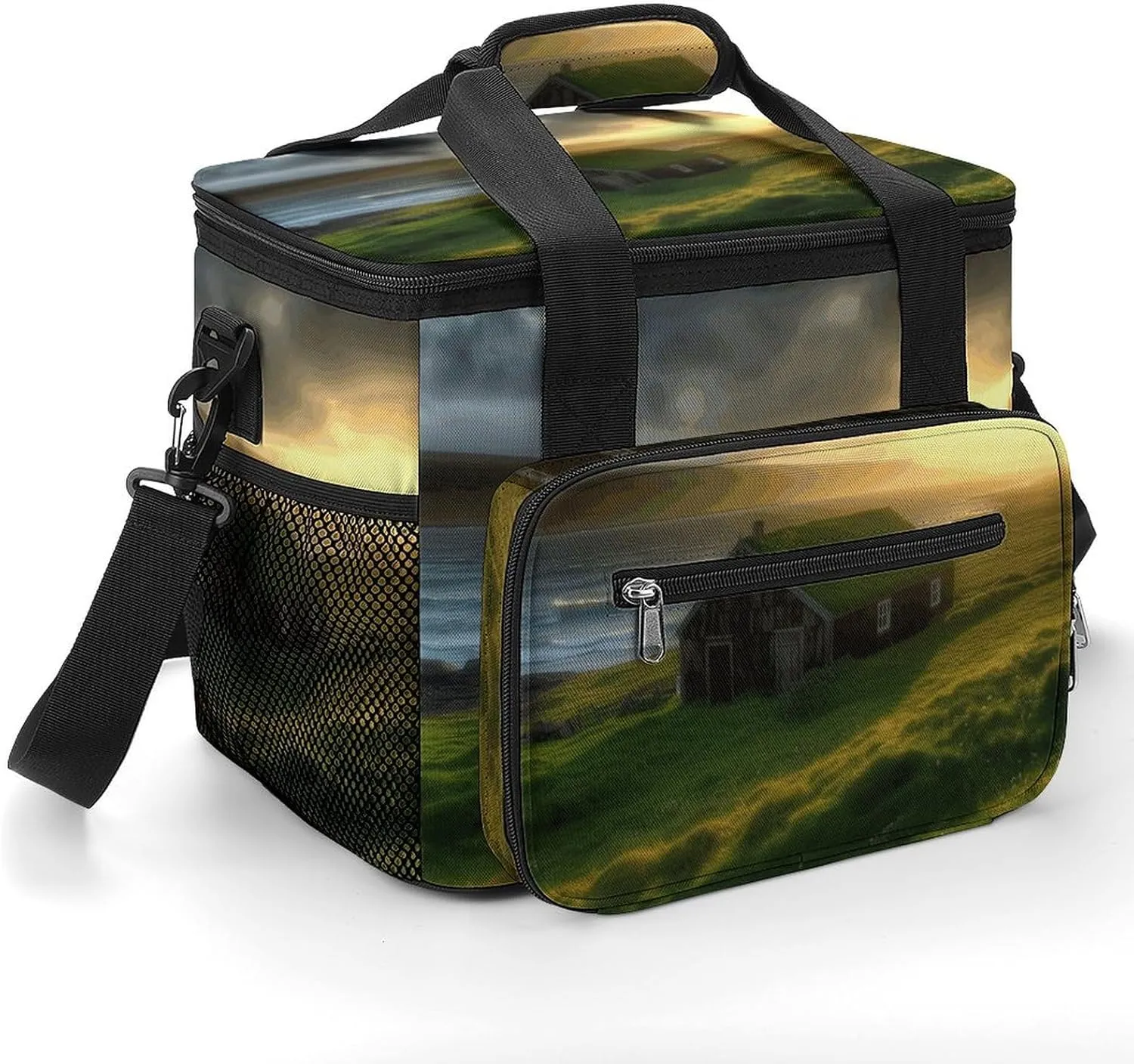 Insulated Camping Cooler Bag, Hut Grass Sun Rays Print Ice Pack with Leakproof Lining 22.5L Capacity Portable Thermal Bag for Camping,Picnic