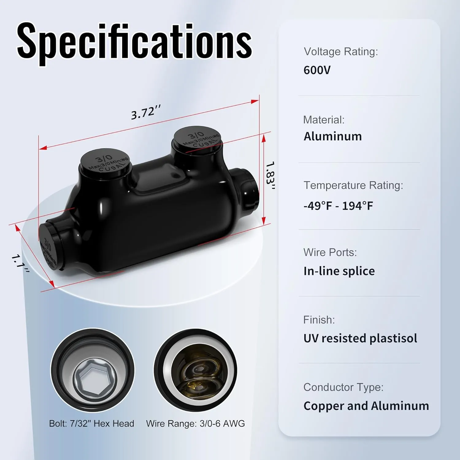Insulated Inline Splice Connector 3/0-6 AWG Black Electrical Cable Connectors 7/32" Slotted Allen Hex Aluminum to Copper Wire Connectors - 6 Pack