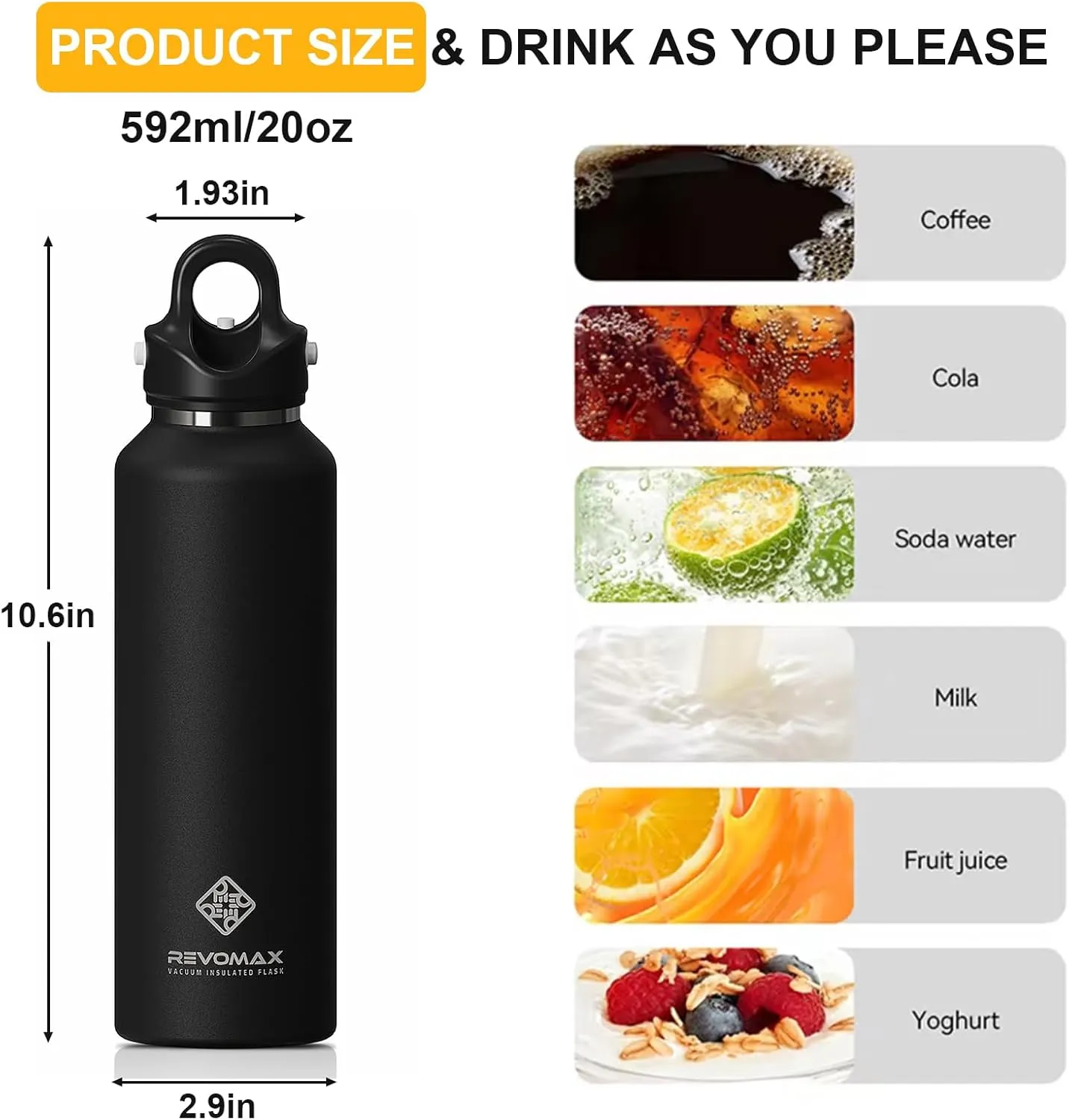 Insulated Water Bottle, One-Hand Open Design, 36H Cold/18H Hot, Leakproof and BPA Free, Vacuum Stainless Steel Water Bottles for Cold Water Drinks, Sports, School,Travel, Dishwasher Safe, 20OZ