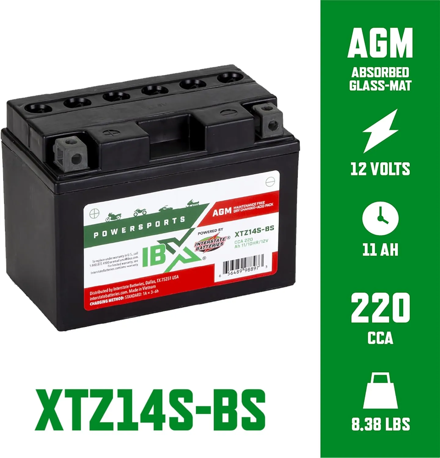 Interstate Batteries YTZ14S-BS 12V 11Ah Powersports Battery 220CCA AGM Rechargeable Replacement for Motorcycles, Scooters, BMW Honda Suzuki Yamaha KTM (XTZ14S-BS)