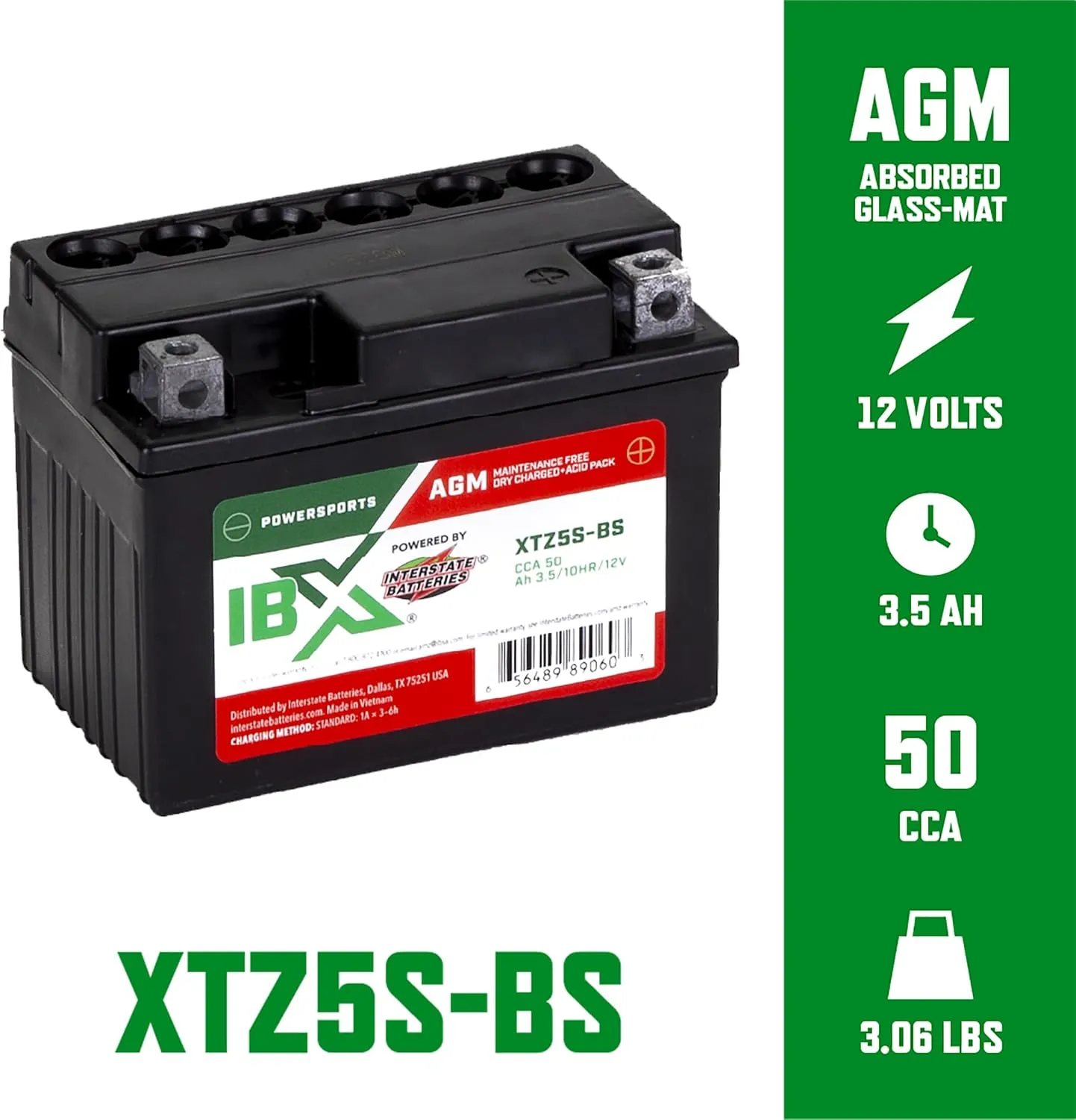 Interstate Batteries YTZ5S-BS 12V 3.5Ah Powersports Battery 50CCA AGM Rechargeable Replacement for BRP, Honda, KTM Dirt Bikes, Motorcycles, ATVs, Scooters (XTZ5S-BS)