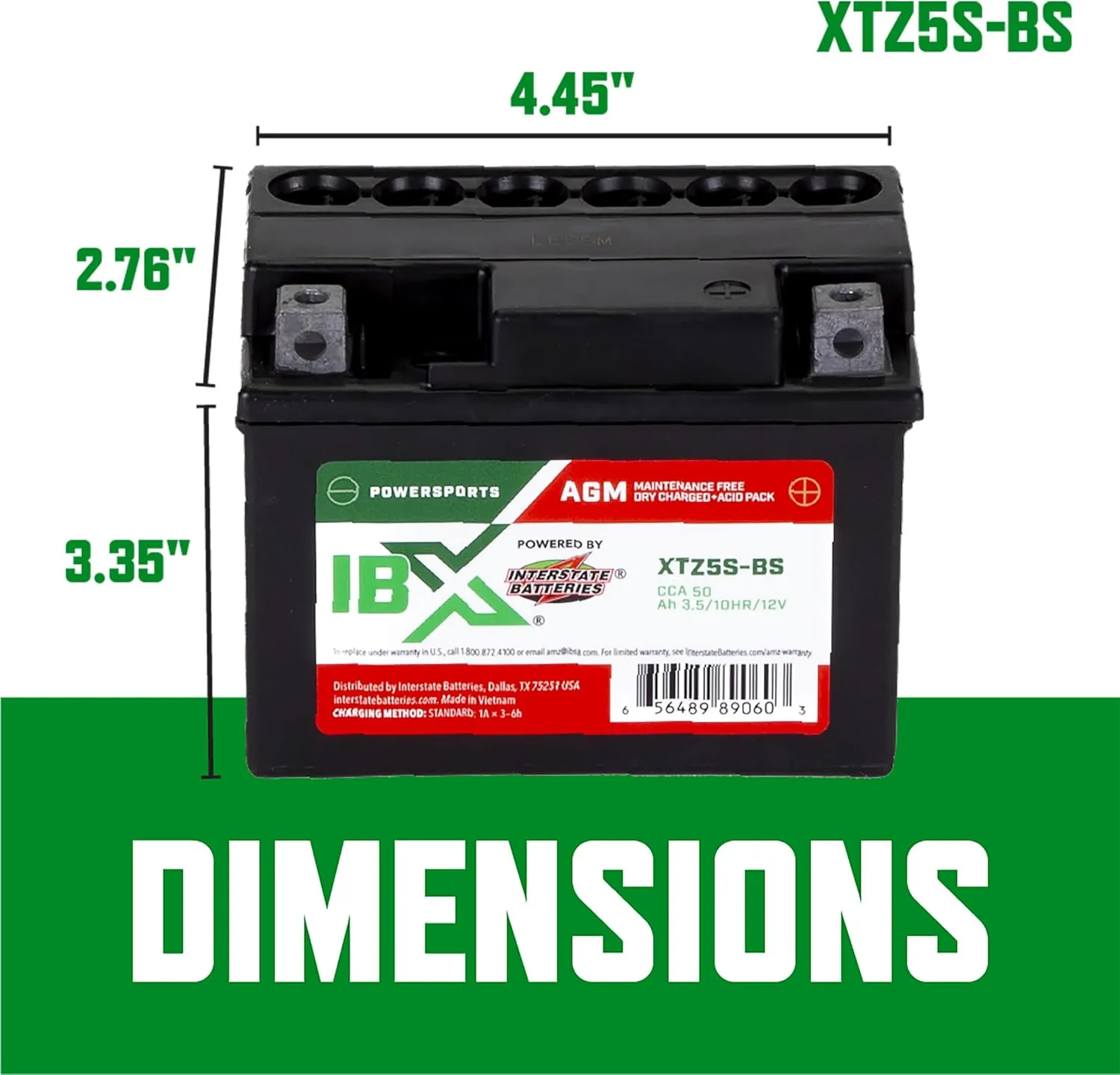 Interstate Batteries YTZ5S-BS 12V 3.5Ah Powersports Battery 50CCA AGM Rechargeable Replacement for BRP, Honda, KTM Dirt Bikes, Motorcycles, ATVs, Scooters (XTZ5S-BS)