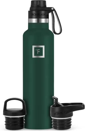 IRON °FLASK Camping & Hiking Hydration Canteens - 3 Lids (Narrow Spout Lid) Leak Proof Vacuum Insulated Stainless Steel - Hot & Cold Double Walled Sports Water Bottle - Dark Pine, 24 Oz