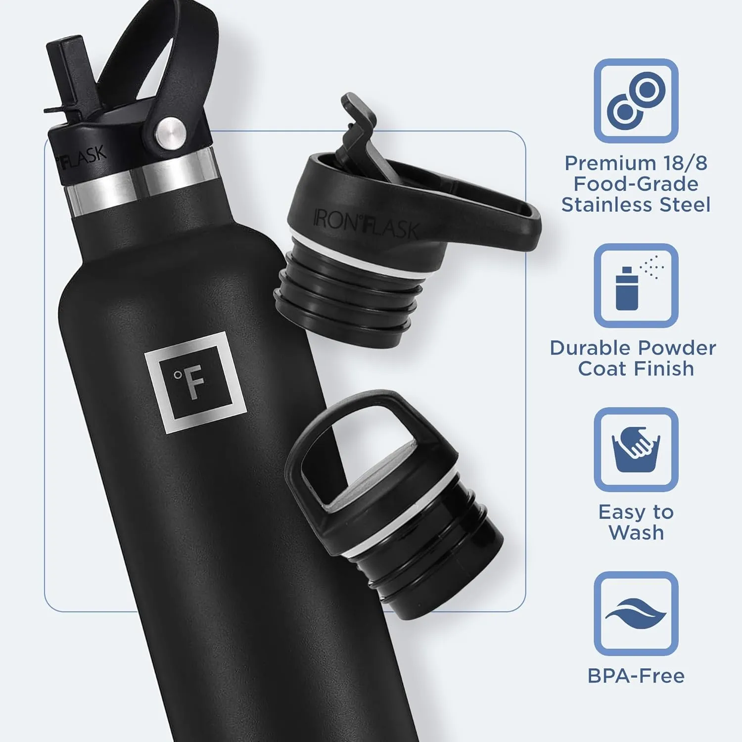 IRON °FLASK Camping & Hiking Hydration Canteens - 3 Lids (Narrow Straw Lid) Leak Proof Vacuum Insulated Stainless Steel - Hot & Cold Double Walled Sports Water Bottle - Dark Night, 20 Oz