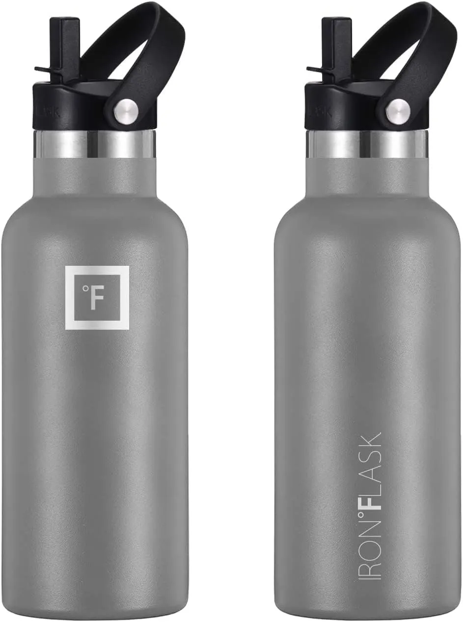 IRON °FLASK Camping & Hiking Hydration Canteens - 3 Lids (Narrow Straw Lid) Leak Proof Vacuum Insulated Stainless Steel - Hot & Cold Double Walled Sports Water Bottle - Graphite, 16 Oz