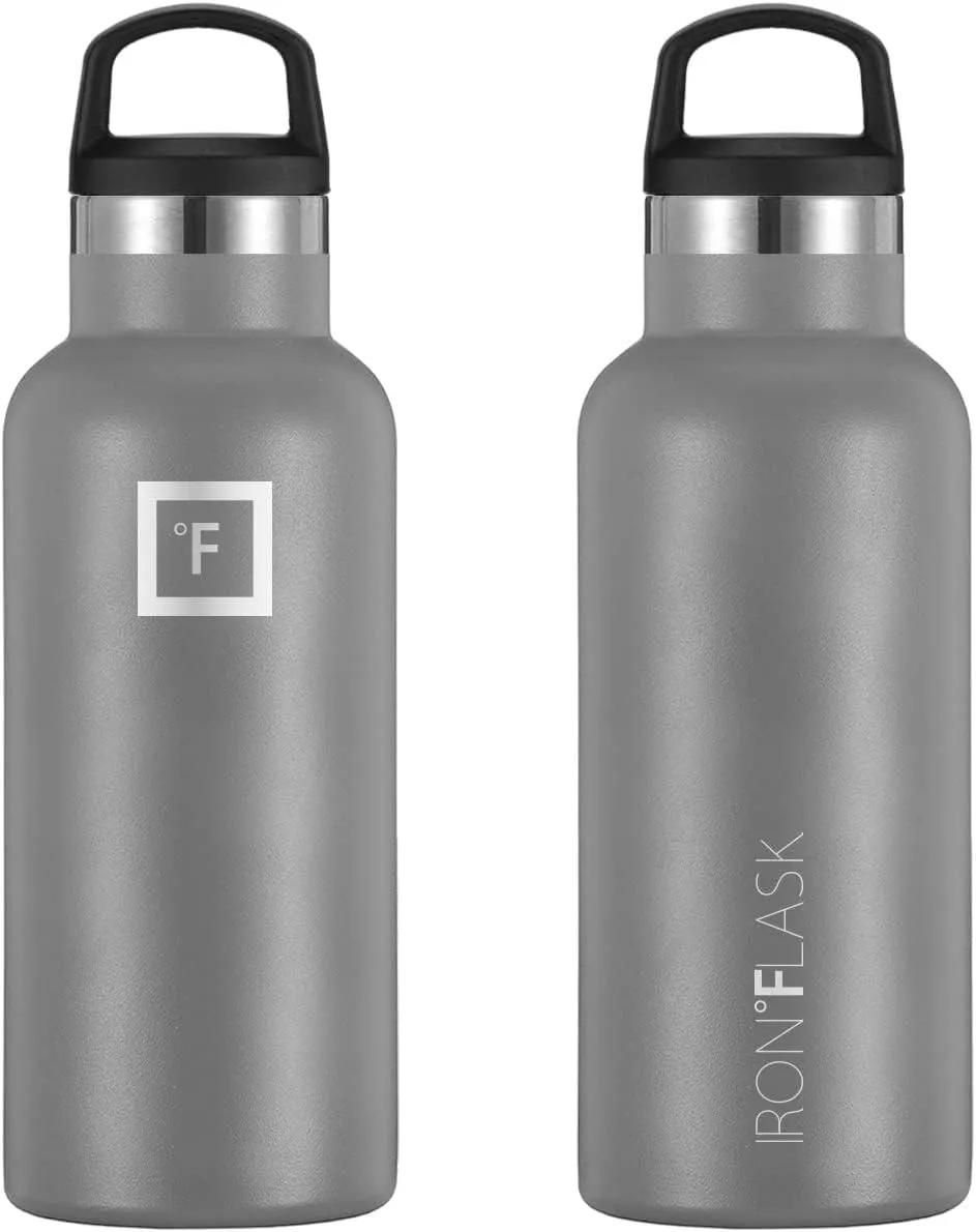 IRON °FLASK Camping & Hiking Hydration Canteens - 3 Lids (Narrow Straw Lid) Leak Proof Vacuum Insulated Stainless Steel - Hot & Cold Double Walled Sports Water Bottle - Graphite, 16 Oz
