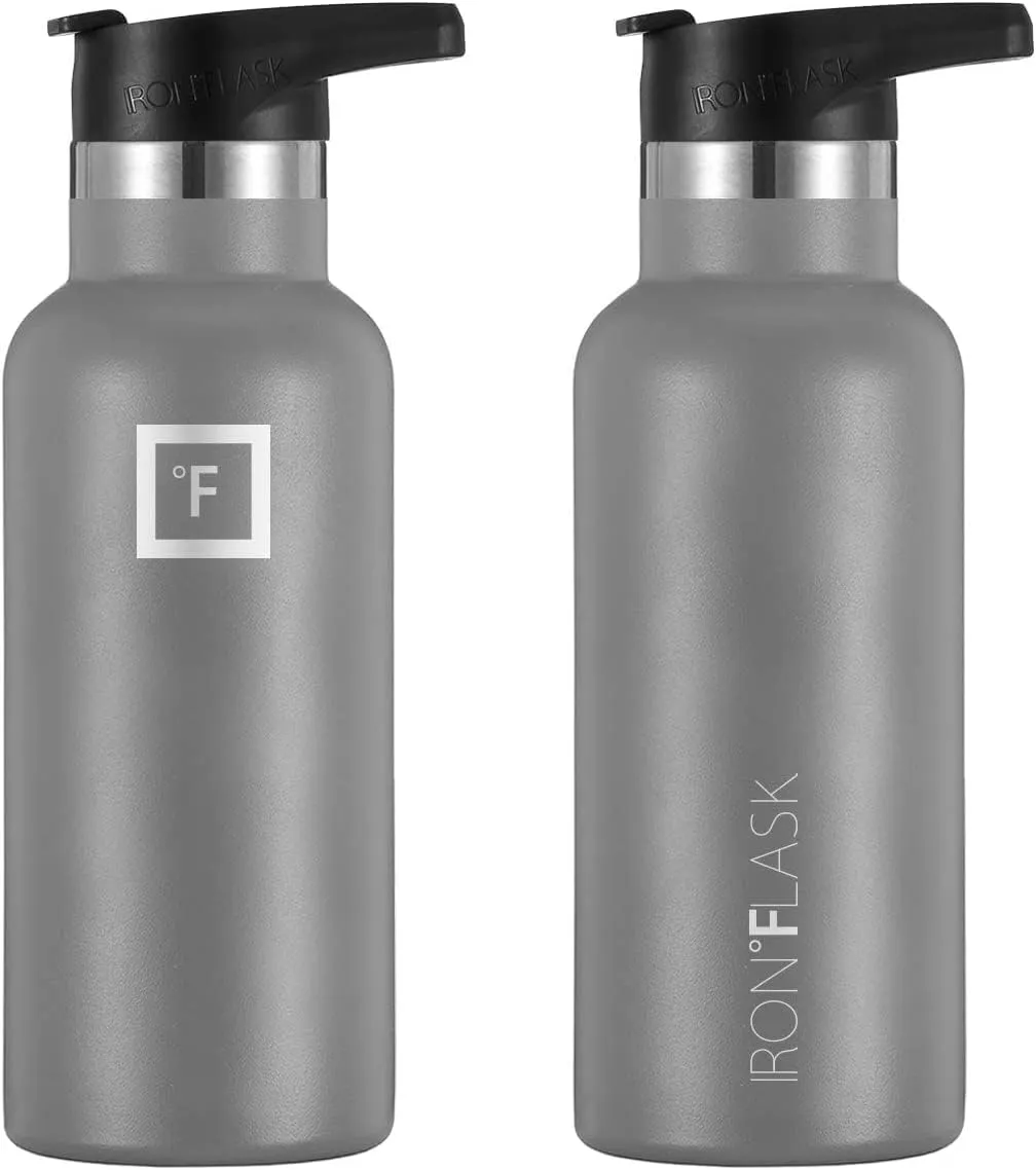 IRON °FLASK Camping & Hiking Hydration Canteens - 3 Lids (Narrow Straw Lid) Leak Proof Vacuum Insulated Stainless Steel - Hot & Cold Double Walled Sports Water Bottle - Graphite, 16 Oz