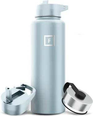 IRON °FLASK Camping & Hiking Hydration Flask with 3 Lids - Stainless Steel, Double Walled & Vacuum Insulated Water Bottle - Leak Proof & BPA Free (Morning Mist, Straw - 40 oz)