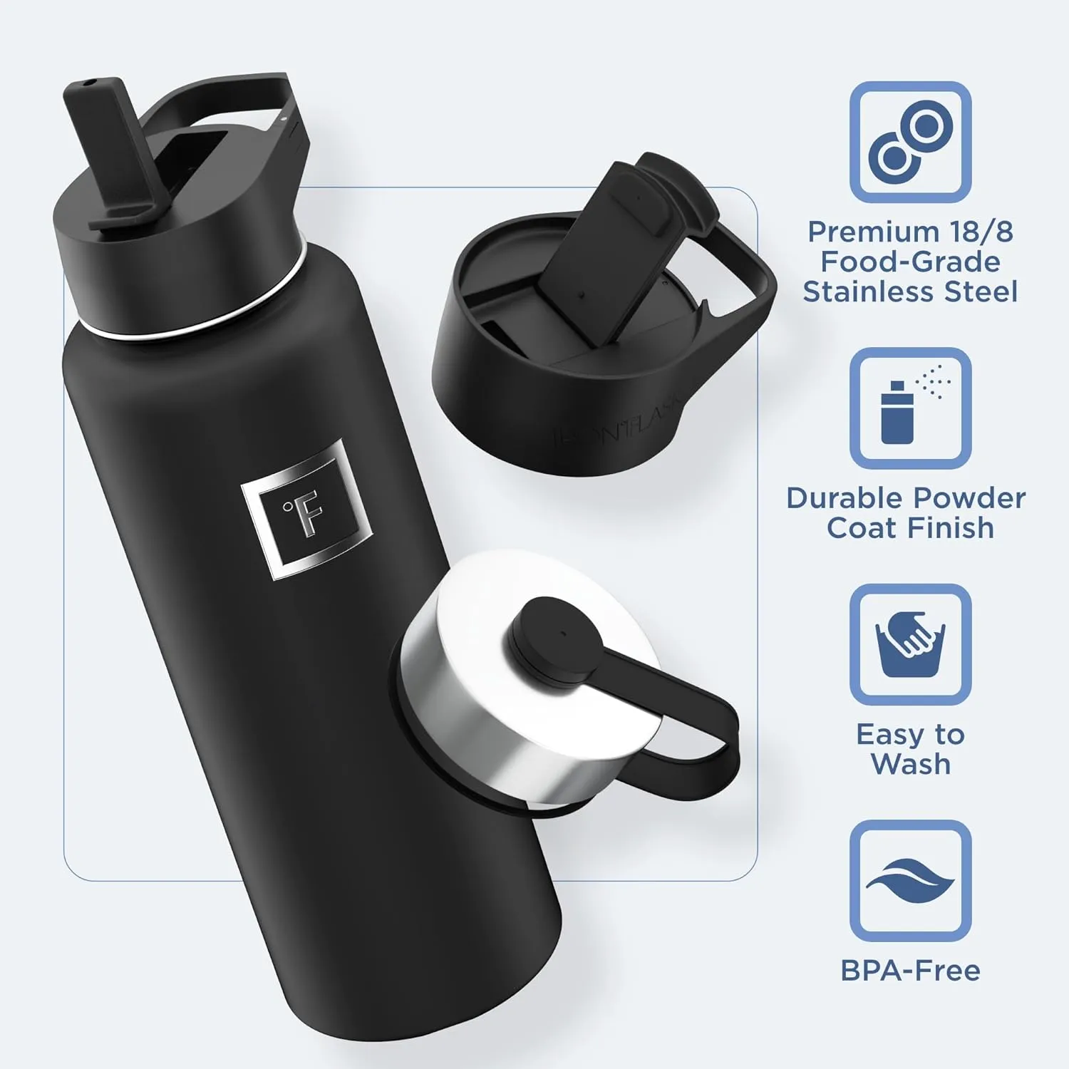 IRON °FLASK Camping & Hiking Hydration Flask with 3 Lids - Stainless Steel, Double Walled & Vacuum Insulated Water Bottle - Leak Proof & BPA Free (Morning Mist, Straw - 40 oz)
