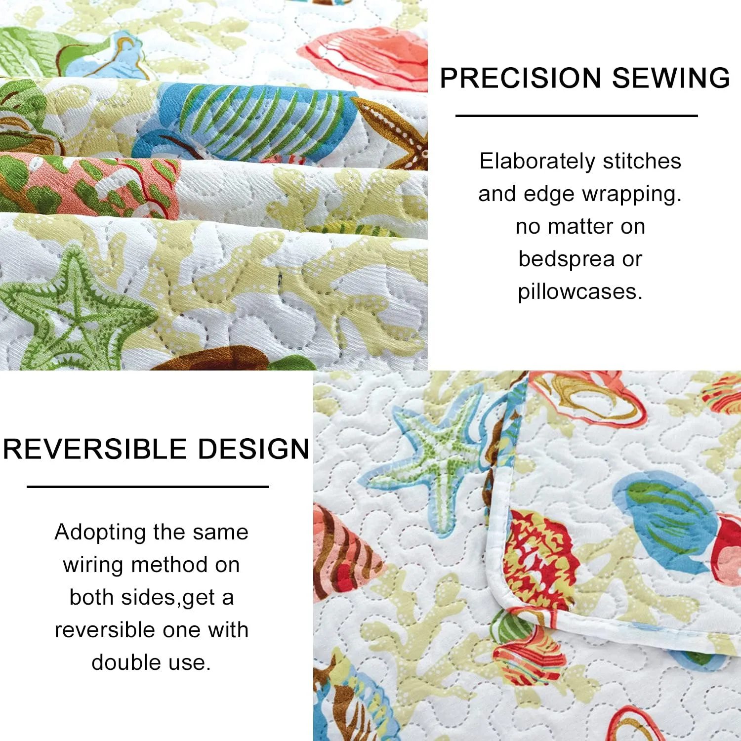 Jarson Coastal Quilt Set Lightweight Home Summer Bedspreads King Size, 3Pcs Beach Conch Seashell Coverlet Set, Ocean Theme Microfiber Reversible Bedding Set (1 Quilt  2 Pillow Shams, Yellow Green)