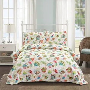 Jarson Coastal Quilt Set Lightweight Home Summer Bedspreads King Size, 3Pcs Beach Conch Seashell Coverlet Set, Ocean Theme Microfiber Reversible Bedding Set (1 Quilt  2 Pillow Shams, Yellow Green)