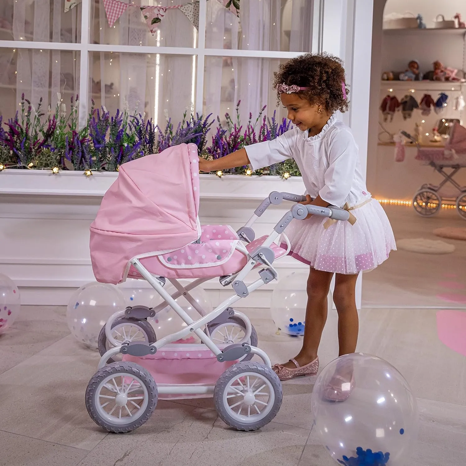 JC Toys | Berenguer Boutique | Deluxe Foldable Baby Doll Stroller with Canopy | Removable Carry Basket | Pink | Ages 3 
