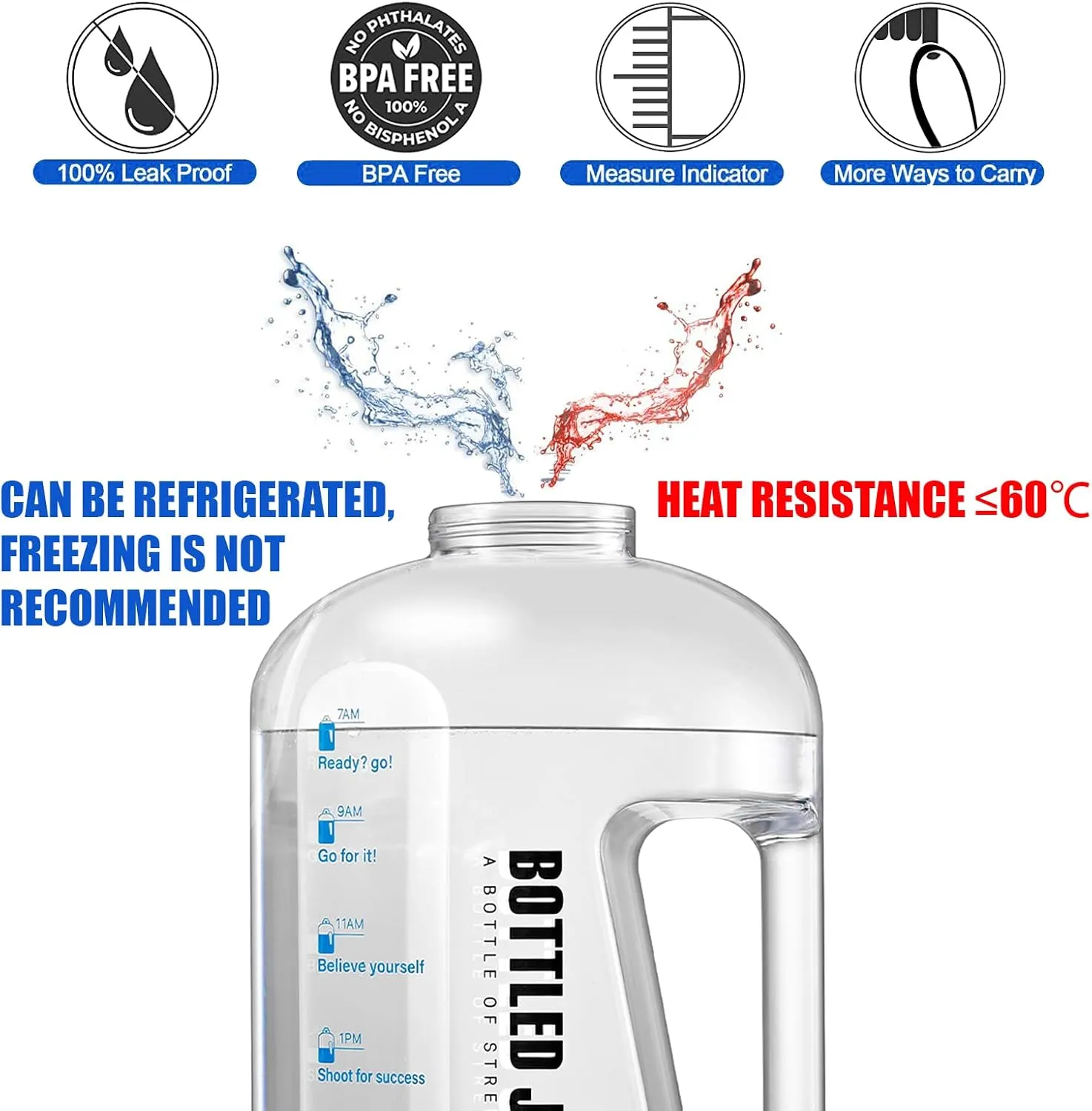 JIMACRO Water Bottle, BOTTLED JOY 1 Gallon Sports Water Bottle with Time Markings and Reusable, 128 Oz Leakproof DUNDUN Water Bottle BPA-Free, Flip Top for Sports, Cycling, Camping