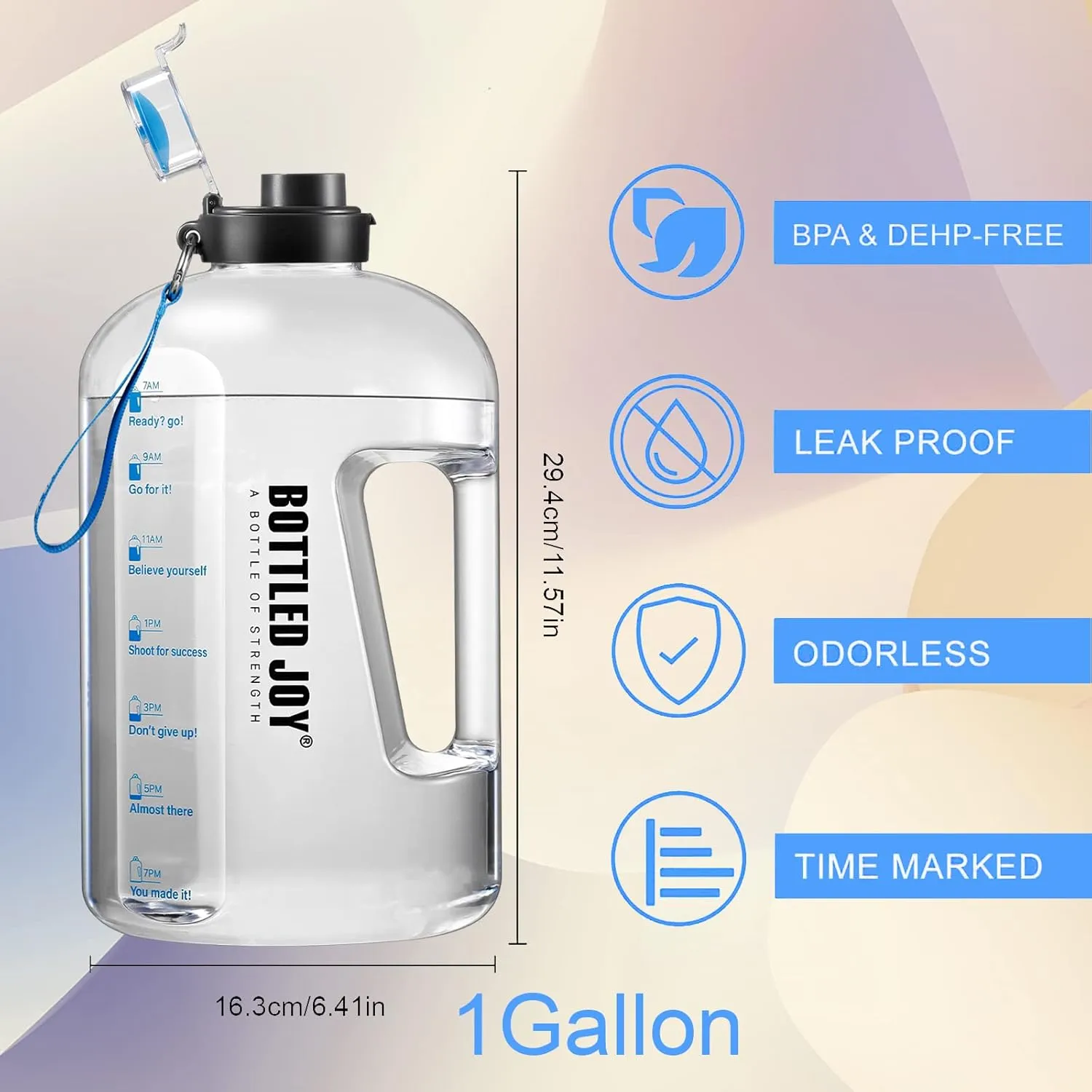 JIMACRO Water Bottle, BOTTLED JOY 1 Gallon Sports Water Bottle with Time Markings and Reusable, 128 Oz Leakproof DUNDUN Water Bottle BPA-Free, Flip Top for Sports, Cycling, Camping