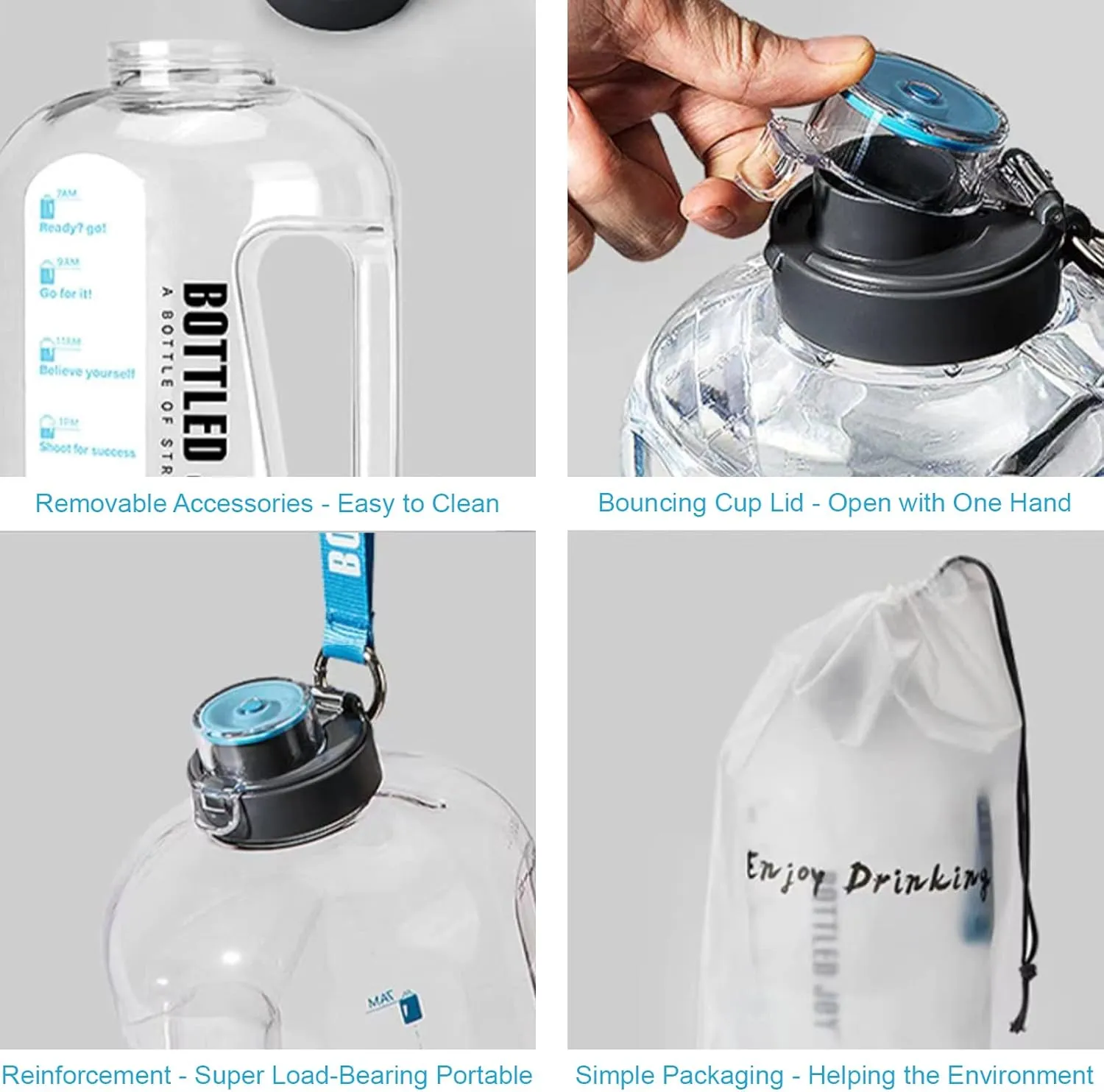 JIMACRO Water Bottle, BOTTLED JOY 1 Gallon Sports Water Bottle with Time Markings and Reusable, 128 Oz Leakproof DUNDUN Water Bottle BPA-Free, Flip Top for Sports, Cycling, Camping