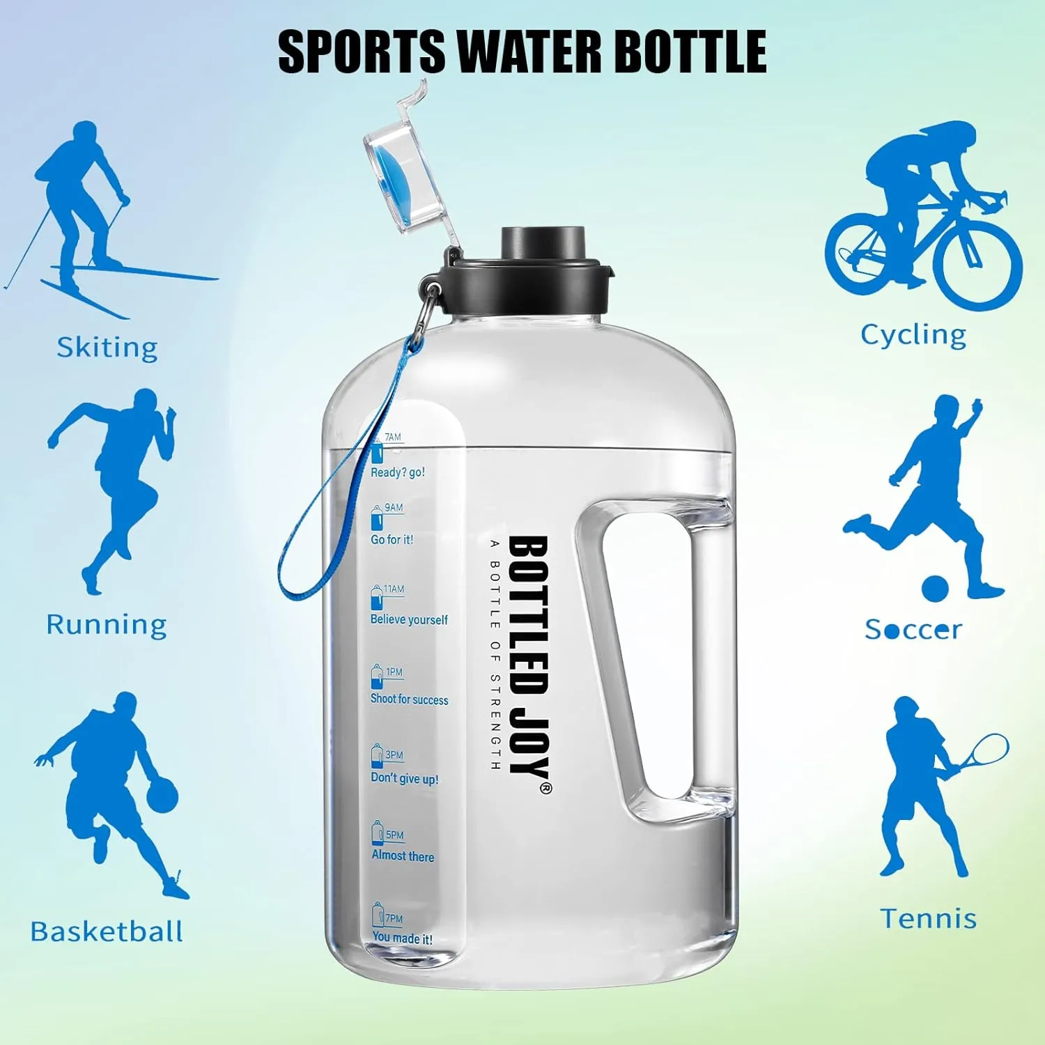 JIMACRO Water Bottle, BOTTLED JOY 1 Gallon Sports Water Bottle with Time Markings and Reusable, 128 Oz Leakproof DUNDUN Water Bottle BPA-Free, Flip Top for Sports, Cycling, Camping