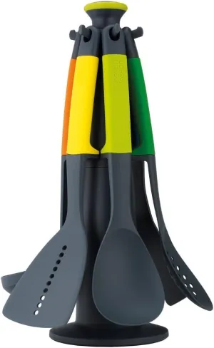 Joseph Joseph Carousel Nylon Kitchen Utensil Tool and Gadget Set with Rotating Storage Stand, 6-Piece Non Stick Tools with Ergonomic Handles, Multicolor