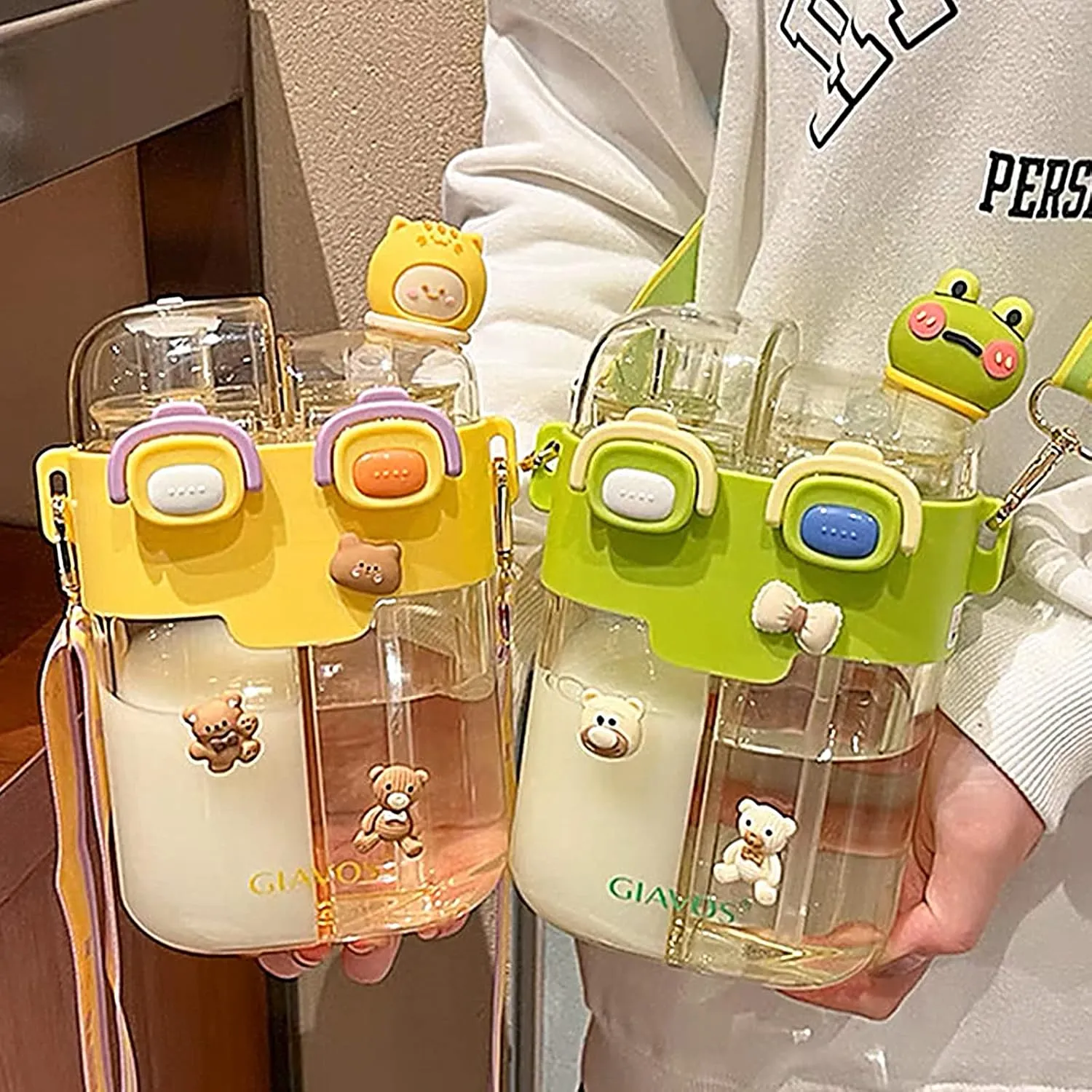JQWSVE Kawaii Water Bottle - 26oz Cute Water Bottles with Straw and Stickers Double Drinking Water Bottle Portable Leakproof Sports Water Bottle for Outdoor Sports Travel, Green