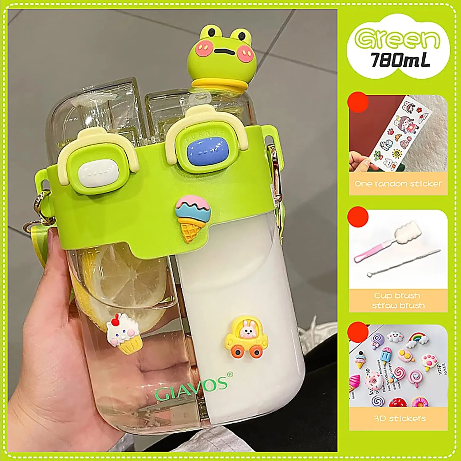 JQWSVE Kawaii Water Bottle - 26oz Cute Water Bottles with Straw and Stickers Double Drinking Water Bottle Portable Leakproof Sports Water Bottle for Outdoor Sports Travel, Green