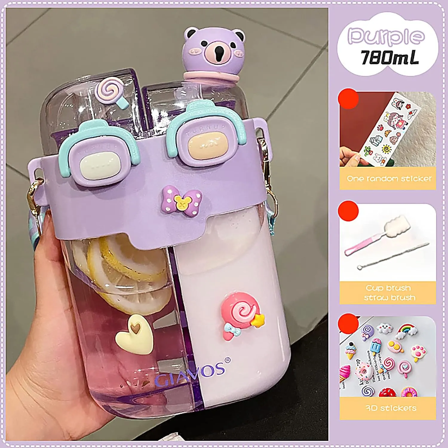 JQWSVE Kawaii Water Bottle - 26oz Cute Water Bottles with Straw and Stickers Double Drinking Water Bottle Portable Leakproof Sports Water Bottle for Outdoor Sports Travel, Purple