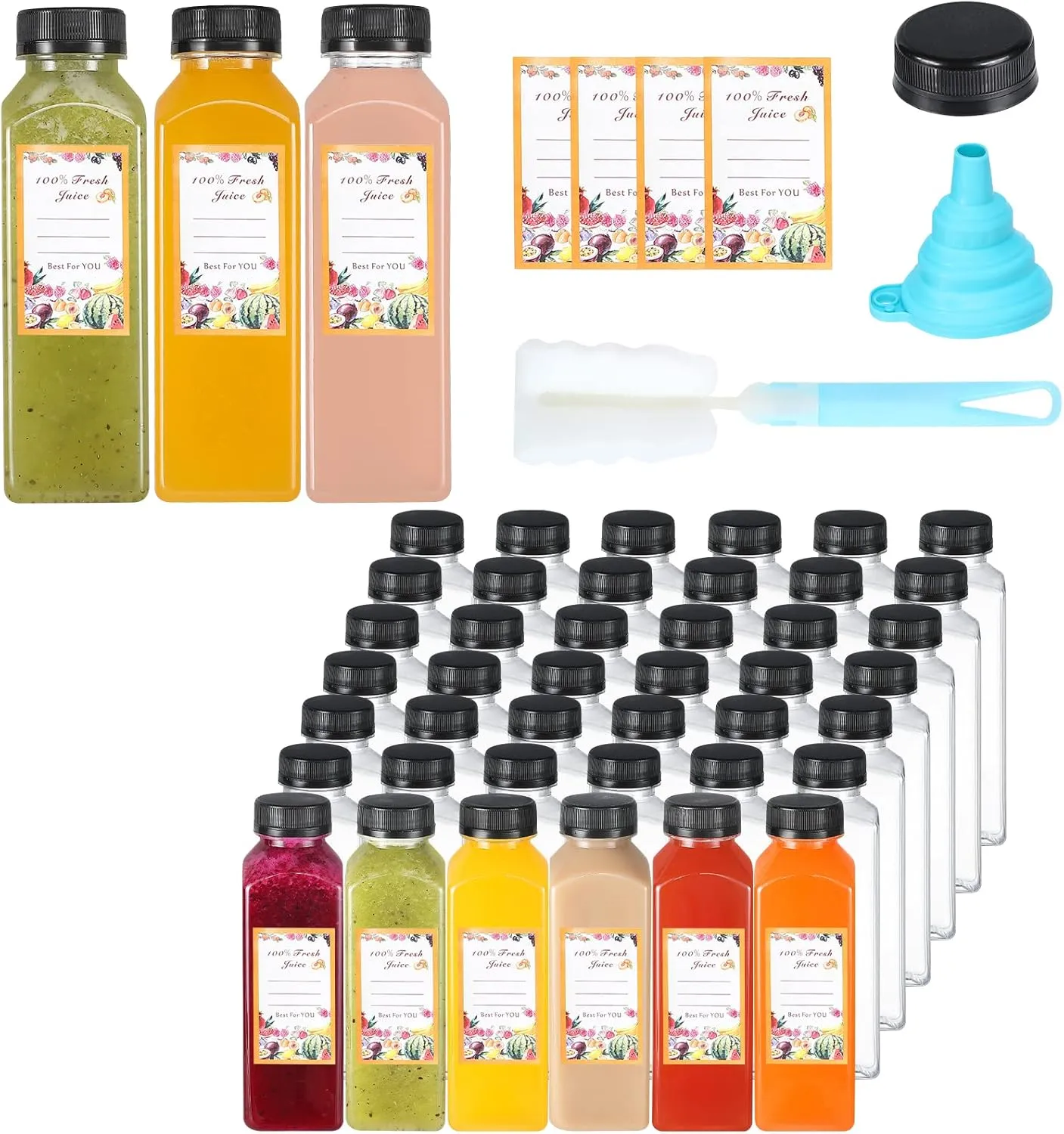 Juice Bottles, 45Pcs 12oz Plastic Juice Bottles with Caps Airtight Reusable Clear Empty Water Containers Includes Label Funnel Brush for Juicing Drinking Beverage Smoothies Fridge（12oz）