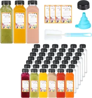 Juice Bottles, 45Pcs 12oz Plastic Juice Bottles with Caps Airtight Reusable Clear Empty Water Containers Includes Label Funnel Brush for Juicing Drinking Beverage Smoothies Fridge（12oz）