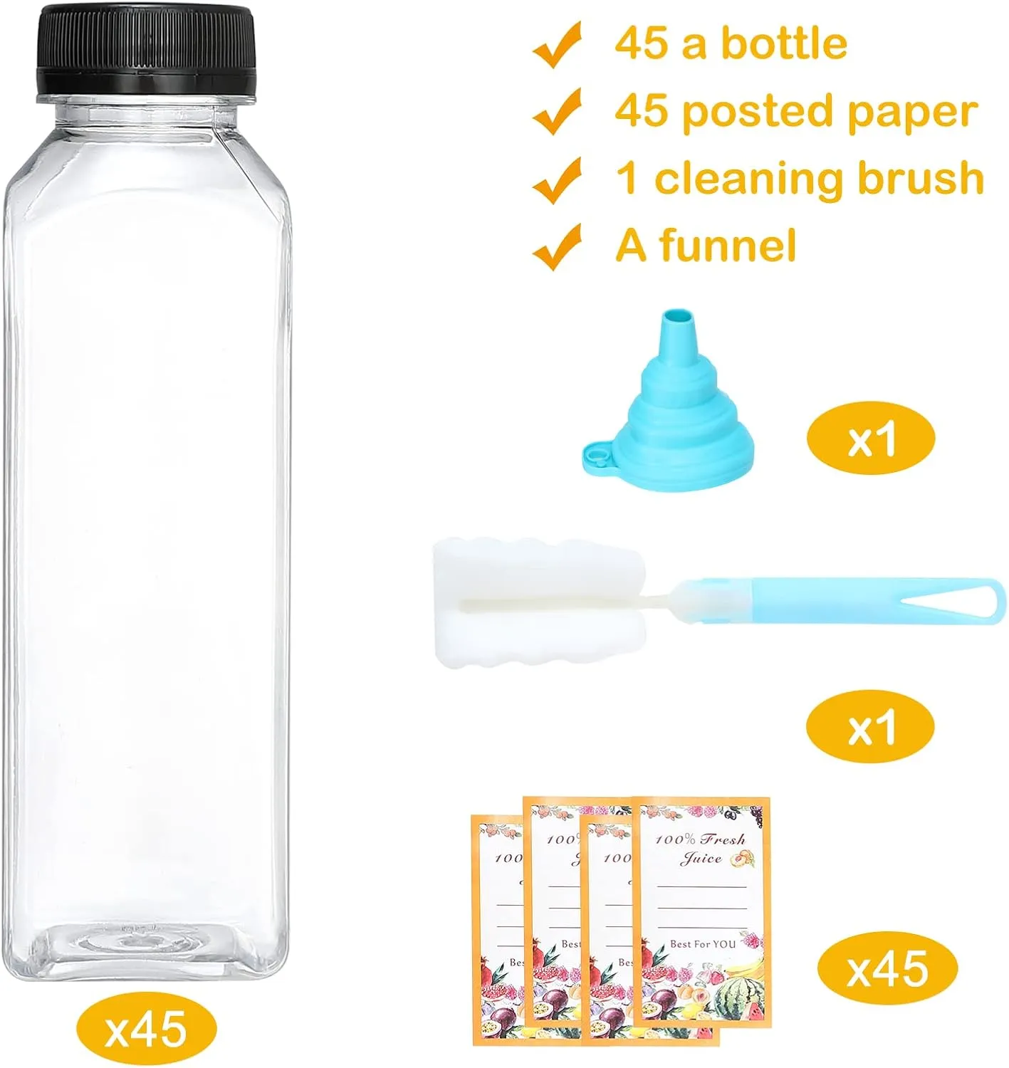 Juice Bottles, 45Pcs 12oz Plastic Juice Bottles with Caps Airtight Reusable Clear Empty Water Containers Includes Label Funnel Brush for Juicing Drinking Beverage Smoothies Fridge（12oz）