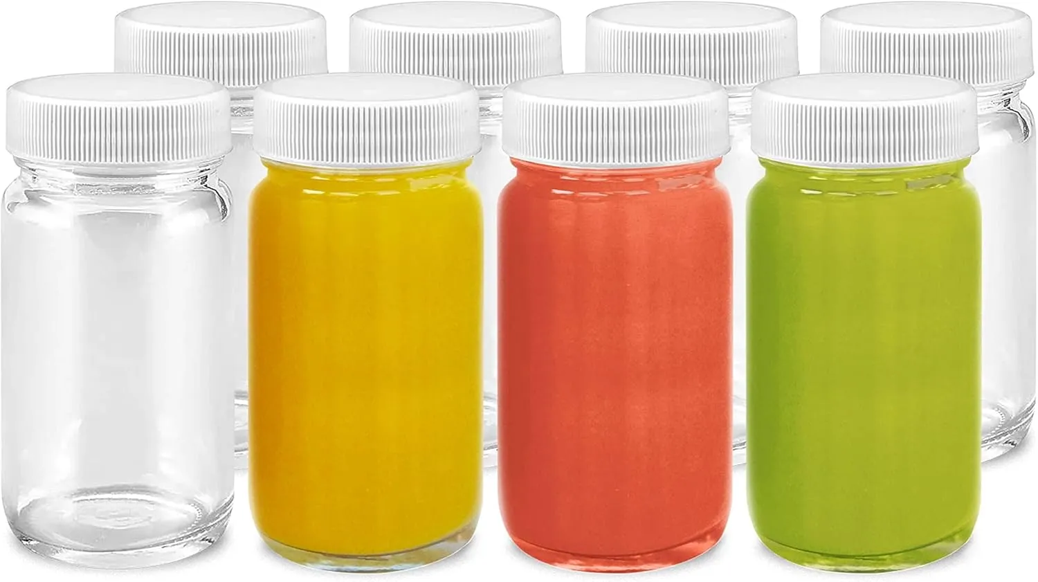 Juice Shot Bottles Set - Wide Mouth for Juicing, Beverage Storage, Liquids, 2 oz, Clear Glass with White Caps, Reusable, Leak Proof, Jars (8 pack)