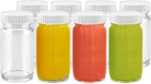 Juice Shot Bottles Set - Wide Mouth for Juicing, Beverage Storage, Liquids, 2 oz, Clear Glass with White Caps, Reusable, Leak Proof, Jars (8 pack)