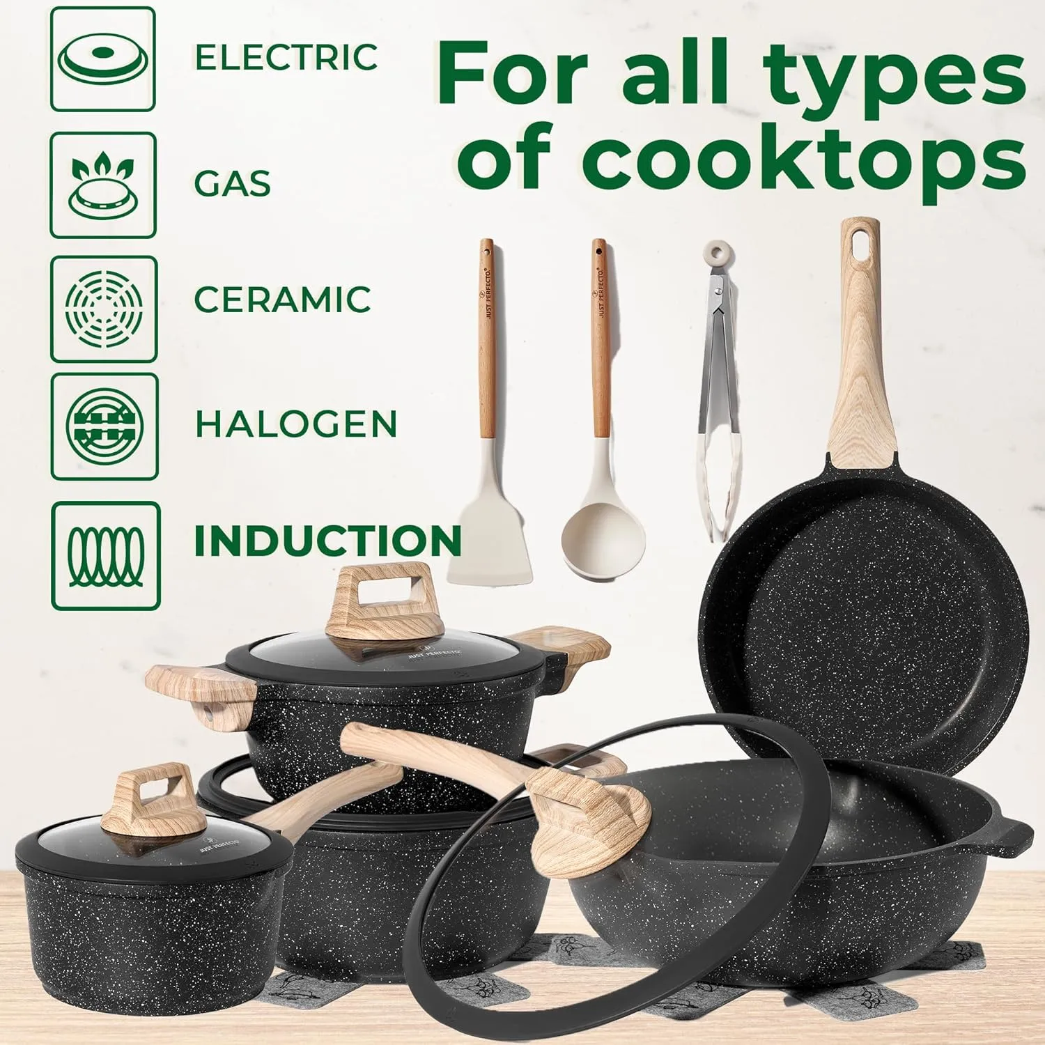 JUST PERFECTO Kitchen Pots and Pans Set with Lids Non Stick Induction Cookware Set Nonstick Frying Pans Set 14 Pcs Healthy Cooking Pots without PTFE and PFOA – Gray