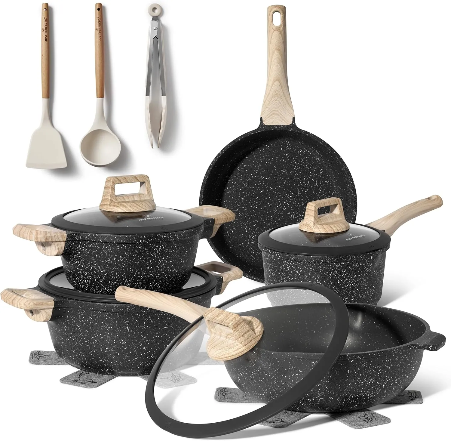 JUST PERFECTO Kitchen Pots and Pans Set with Lids Non Stick Induction Cookware Set Nonstick Frying Pans Set 14 Pcs Healthy Cooking Pots without PTFE and PFOA – Gray