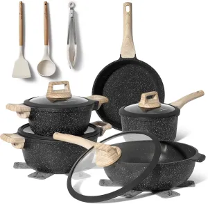 JUST PERFECTO Kitchen Pots and Pans Set with Lids Non Stick Induction Cookware Set Nonstick Frying Pans Set 14 Pcs Healthy Cooking Pots without PTFE and PFOA – Gray