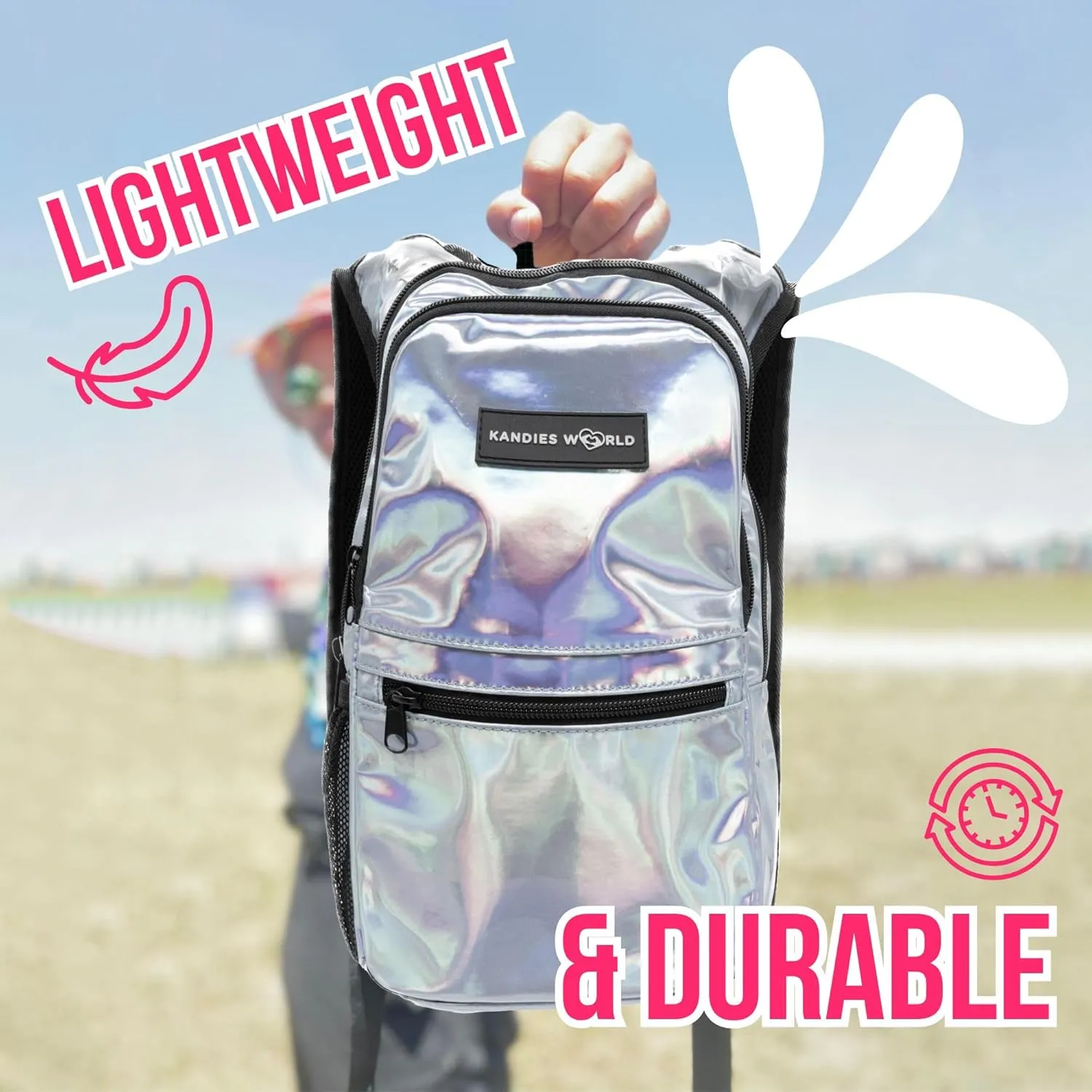 Kandies World Reflective Festival Hydration Pack - 2L Water Bladder for Raves, Hiking, Biking, Running, and More (Multi-Pocket Design)