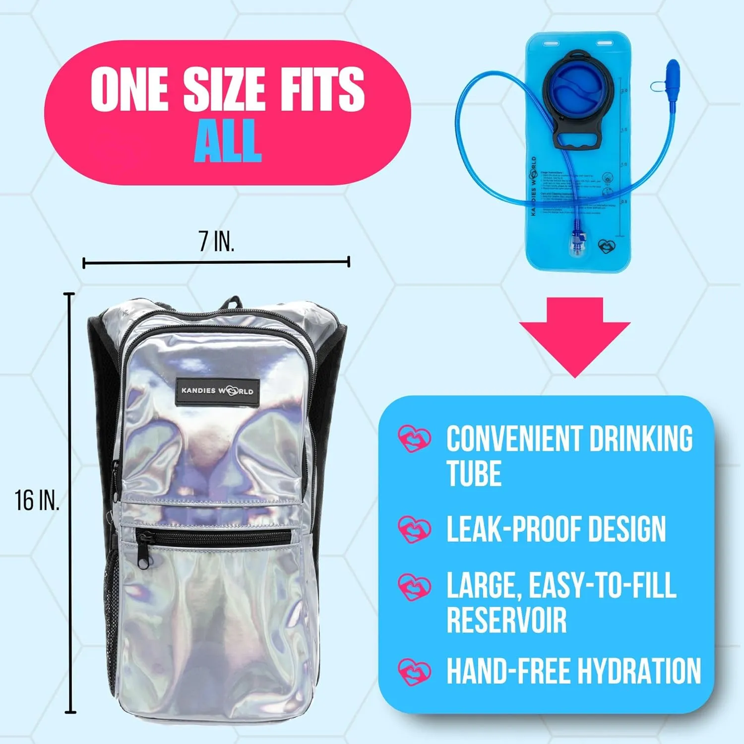 Kandies World Reflective Festival Hydration Pack - 2L Water Bladder for Raves, Hiking, Biking, Running, and More (Multi-Pocket Design)