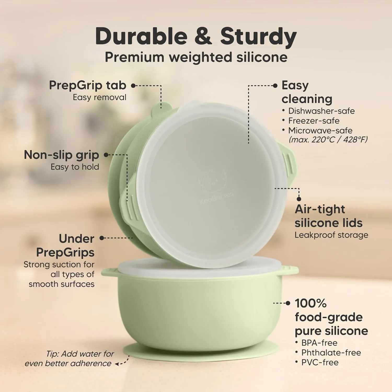 KeaBabies 2-Pack Baby Bowls with Suctions, Lids - Silicone Toddler Suction Bowls for Baby Boy, Girl, Kids, Food Grade Silicone, BPA-Free, Dishwasher Safe, Toddler Eating Essentials (Sage)