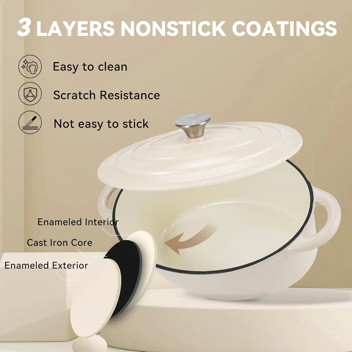 Kerilyn 4.5 Quart Enameled Oval Dutch Oven Pot with Lid and Dual Handles, Cast Iron Dutch Oven for Cooking, Bread Baking, Non-stick Enamel Coated Cookware (Beige)