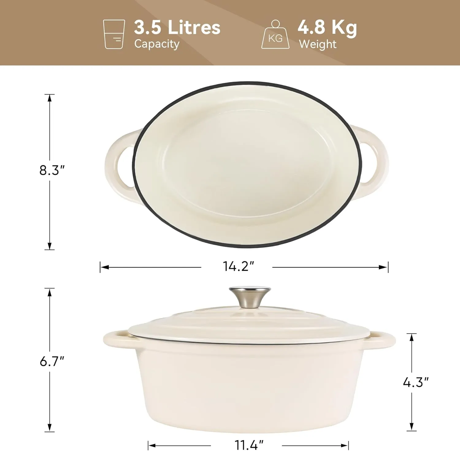Kerilyn 4.5 Quart Enameled Oval Dutch Oven Pot with Lid and Dual Handles, Cast Iron Dutch Oven for Cooking, Bread Baking, Non-stick Enamel Coated Cookware (Beige)