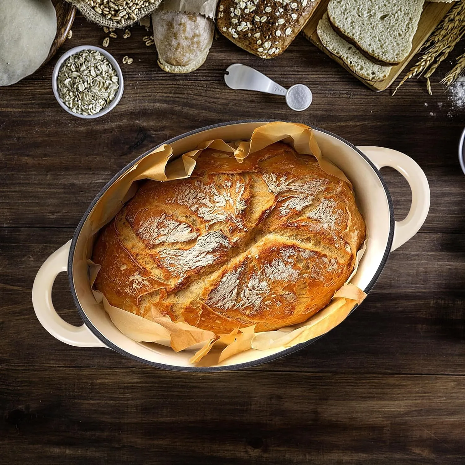 Kerilyn 4.5 Quart Enameled Oval Dutch Oven Pot with Lid and Dual Handles, Cast Iron Dutch Oven for Cooking, Bread Baking, Non-stick Enamel Coated Cookware (Beige)