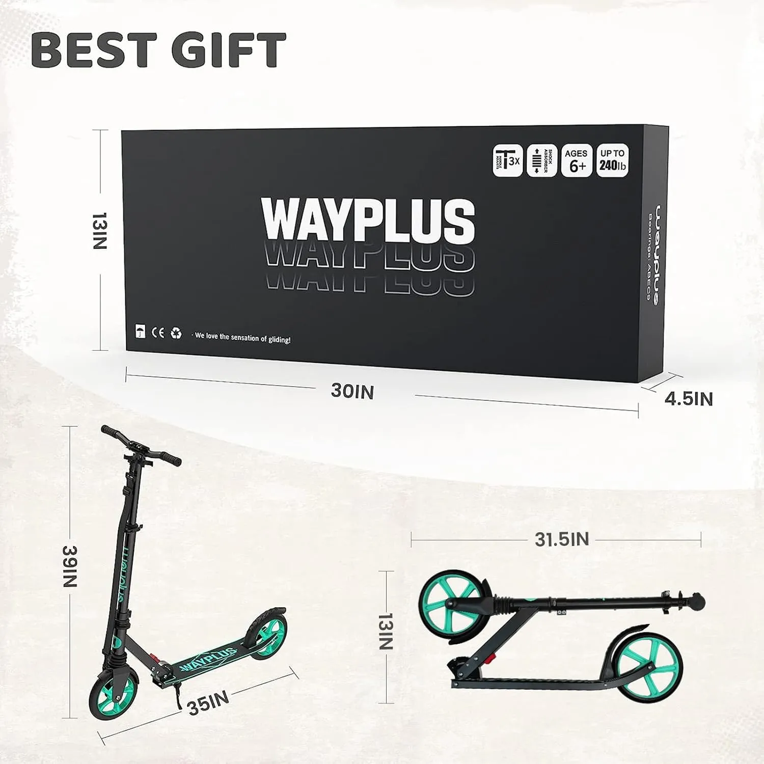 Kick Scooter for Ages 6 ,Kid, Teens & Adults. Max Load 240 LBS. Foldable, Lightweight, 8IN Big Wheels for Kids, Teen and Adults, 4 Adjustable Levels. Bearing ABEC9