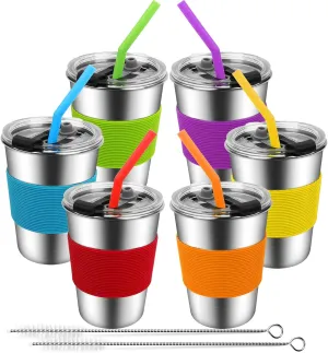 Kids Cups with Straws Spill Proof, Stainless Steel Sippy Cups with Lids, 12oz Toddlers Straws Tumbler, 6 Pack Unbreakable Water Glasses for Children, Adults, Outdoor, Indoor