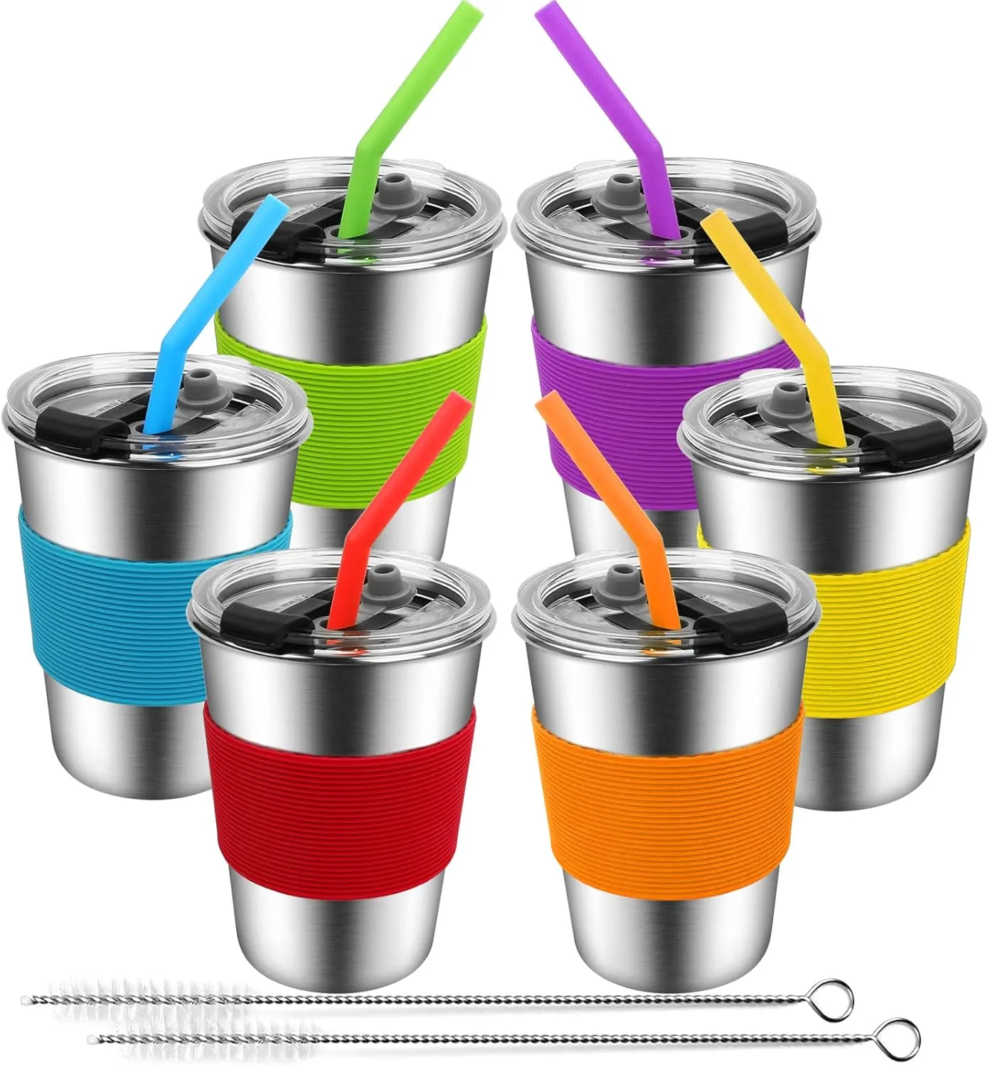 Kids Cups with Straws Spill Proof, Stainless Steel Sippy Cups with Lids, 12oz Toddlers Straws Tumbler, 6 Pack Unbreakable Water Glasses for Children, Adults, Outdoor, Indoor