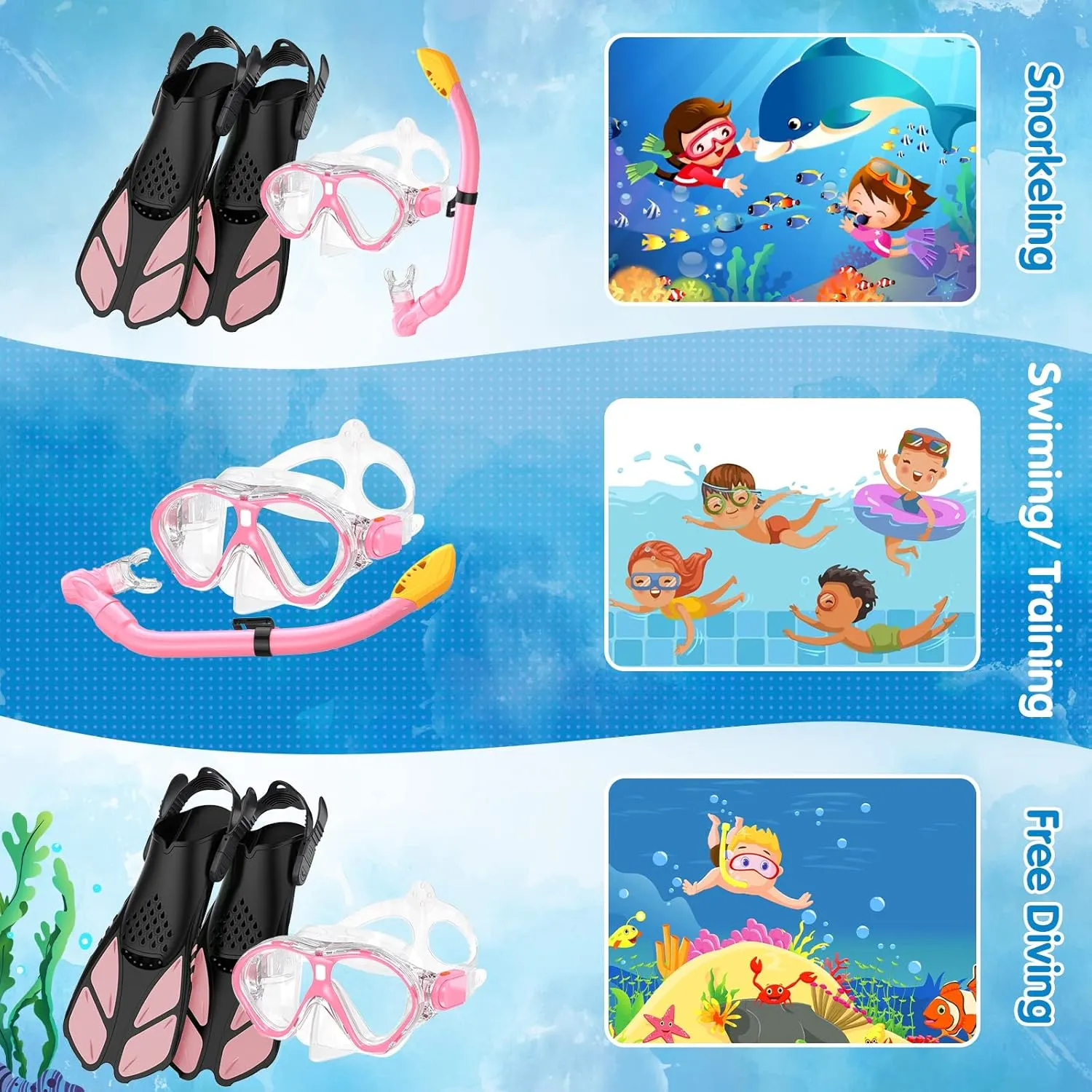Kids Snorkel Set, Mask Fins Snorkeling Gear for Kids Anti-Fog Swim Goggles 180 Panoramic View Dry Top Snorkel and Dive Flippers Combo with Travel Bag for Snorkeling Training Swimming Diving