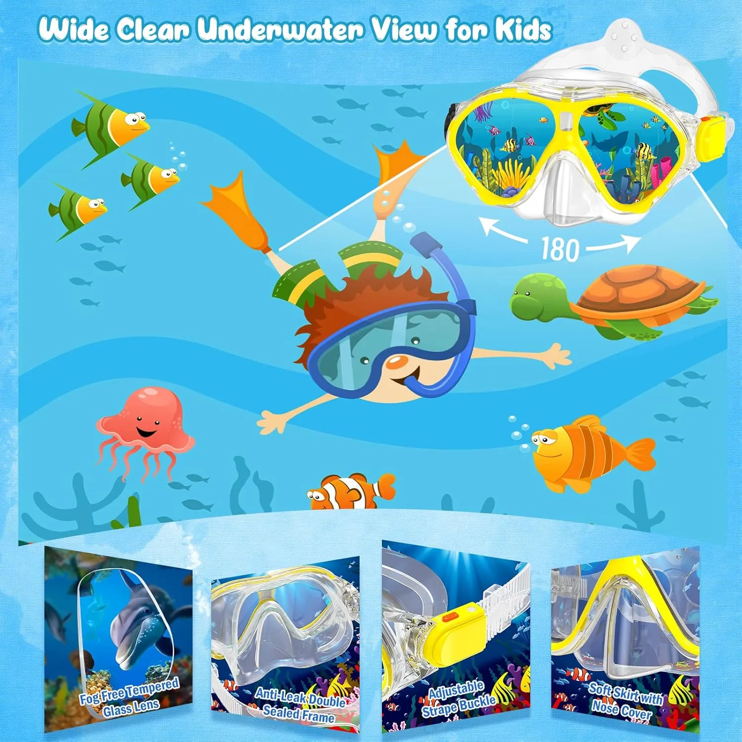 Kids Snorkel Set, Mask Fins Snorkeling Gear for Kids Anti-Fog Swim Goggles 180 Panoramic View Dry Top Snorkel and Dive Flippers Combo with Travel Bag for Snorkeling Training Swimming Diving