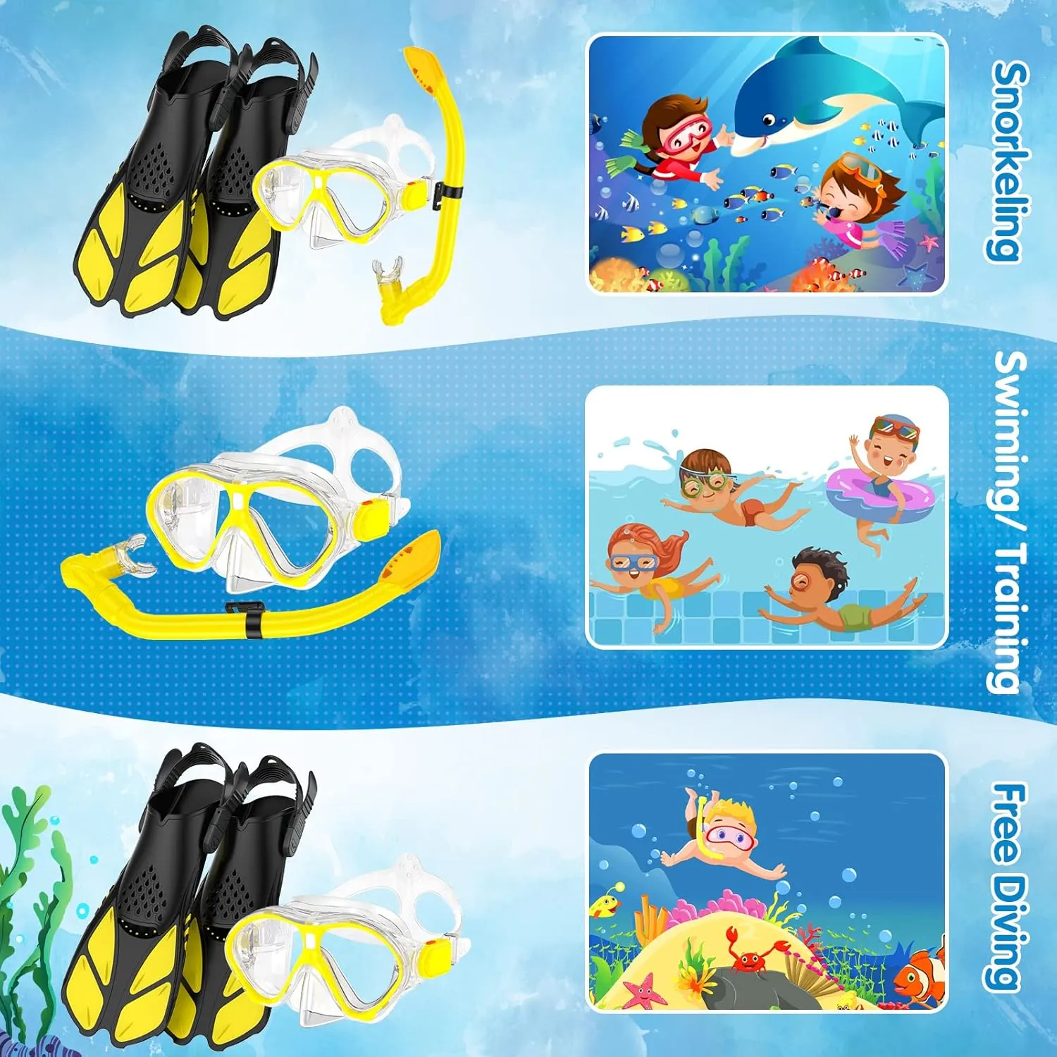 Kids Snorkel Set, Mask Fins Snorkeling Gear for Kids Anti-Fog Swim Goggles 180 Panoramic View Dry Top Snorkel and Dive Flippers Combo with Travel Bag for Snorkeling Training Swimming Diving
