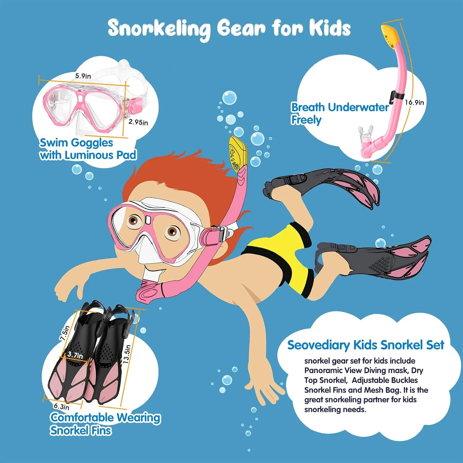 Kids Snorkel Set, Mask Fins Snorkeling Gear for Kids Anti-Fog Swim Goggles 180 Panoramic View Dry Top Snorkel and Dive Flippers Combo with Travel Bag for Snorkeling Training Swimming Diving