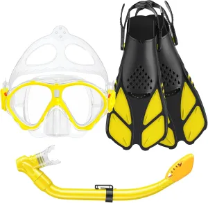 Kids Snorkel Set, Mask Fins Snorkeling Gear for Kids Anti-Fog Swim Goggles 180 Panoramic View Dry Top Snorkel and Dive Flippers Combo with Travel Bag for Snorkeling Training Swimming Diving