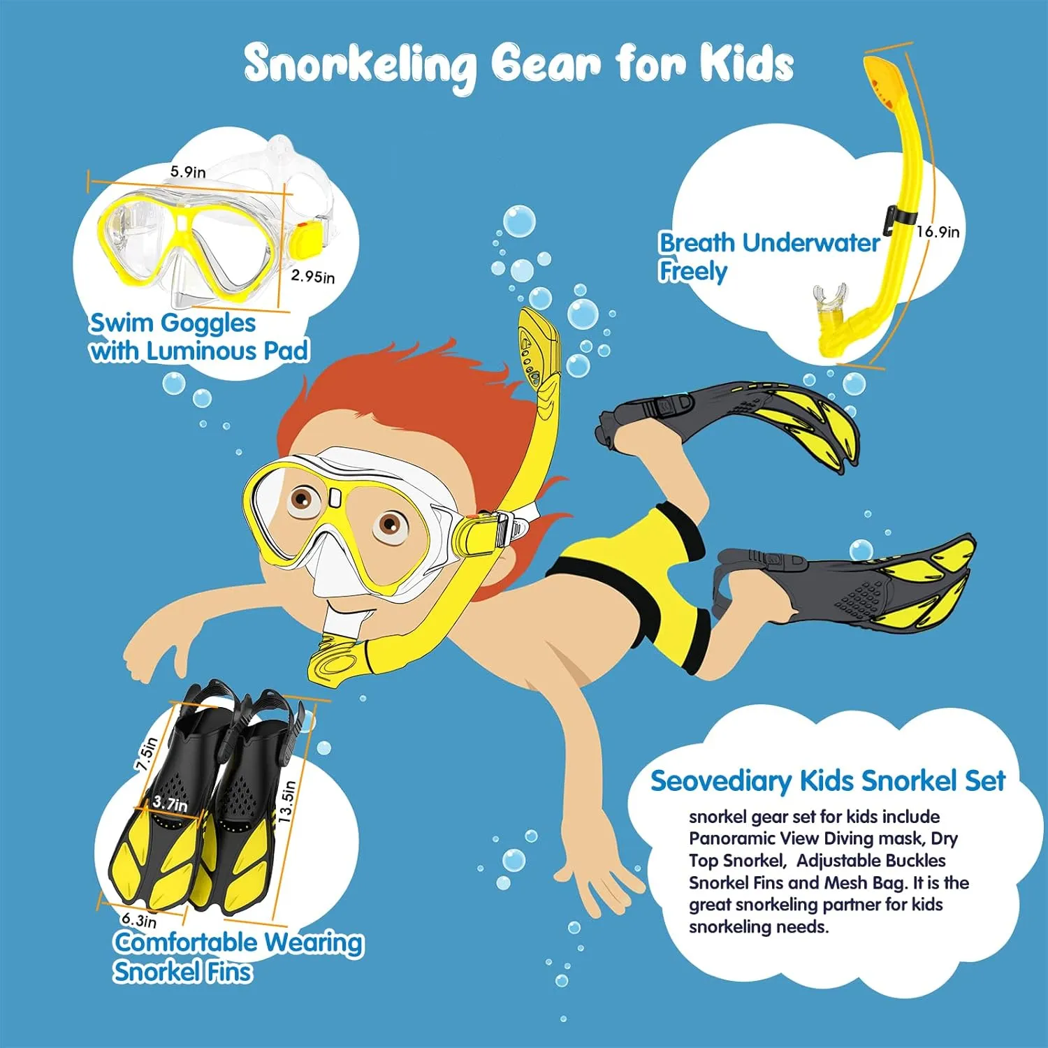 Kids Snorkel Set, Mask Fins Snorkeling Gear for Kids Anti-Fog Swim Goggles 180 Panoramic View Dry Top Snorkel and Dive Flippers Combo with Travel Bag for Snorkeling Training Swimming Diving