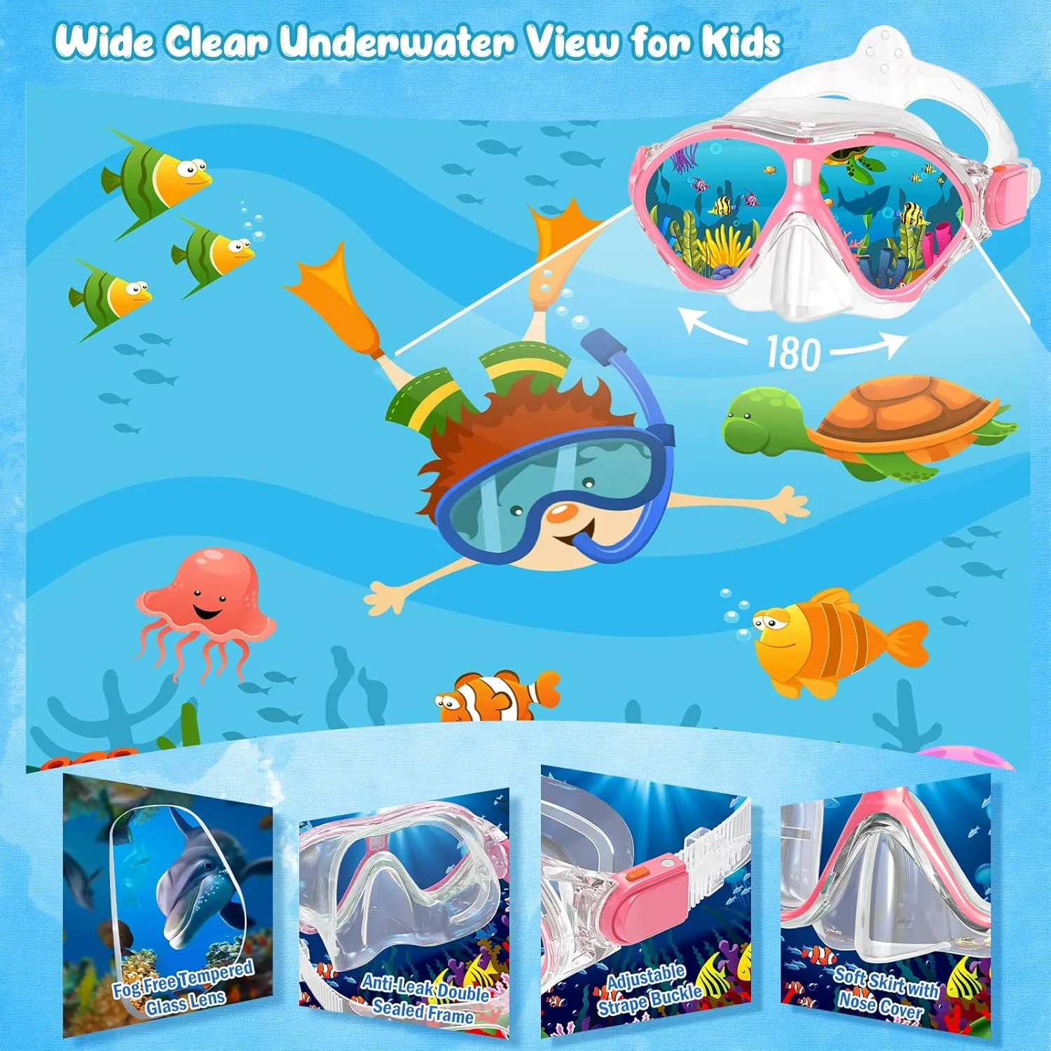 Kids Snorkel Set, Mask Fins Snorkeling Gear for Kids Anti-Fog Swim Goggles 180 Panoramic View Dry Top Snorkel and Dive Flippers Combo with Travel Bag for Snorkeling Training Swimming Diving